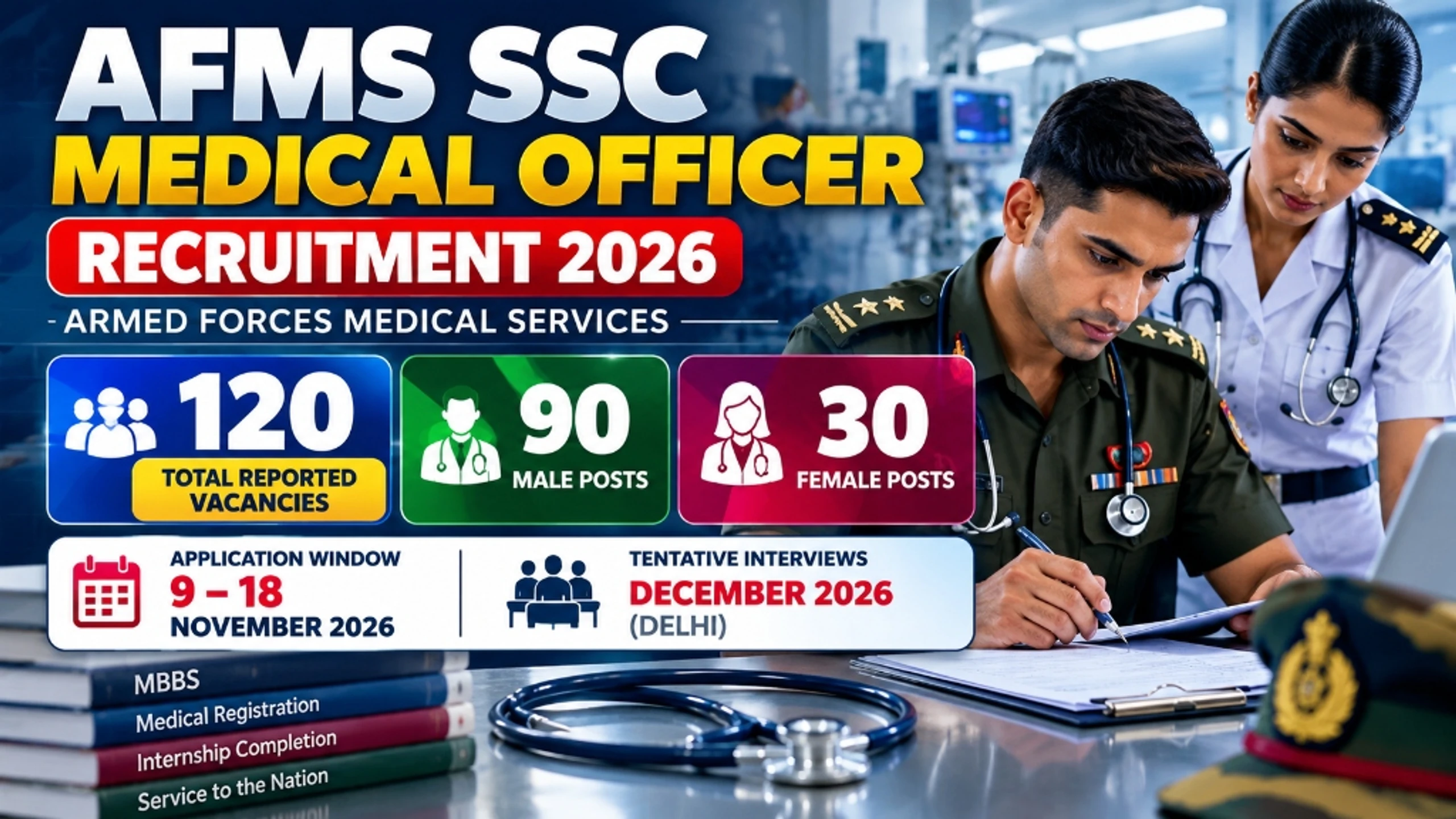AFMS Medical Officer vacancy breakdown – 90 male and 30 female posts