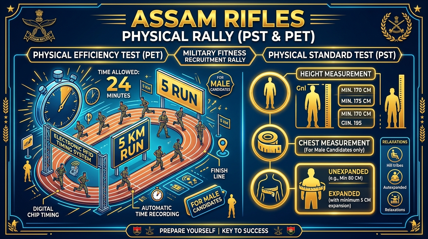Assam Rifles Physical Efficiency Test PET and Physical Standard Test PST standards infographic