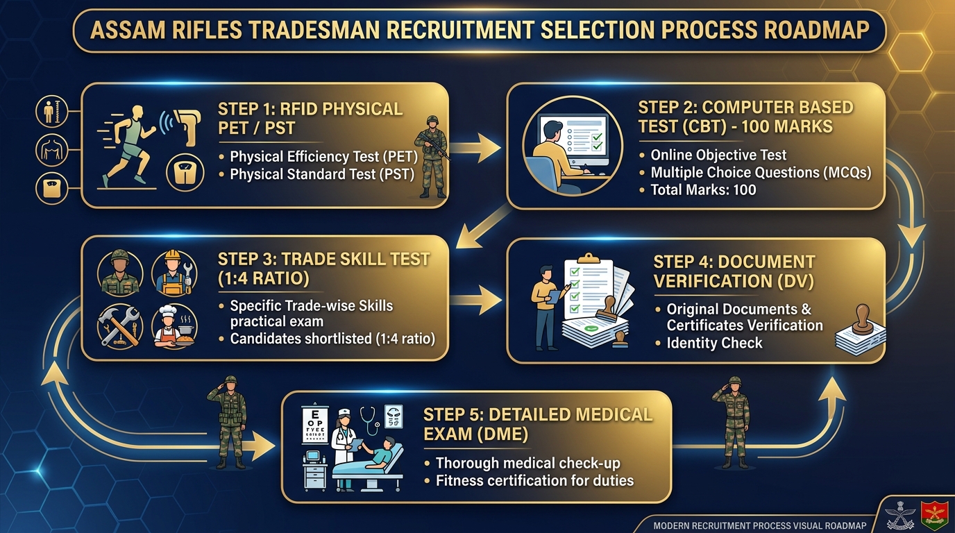 Assam Rifles Tradesman Recruitment 2026 5 step selection process roadmap infographic