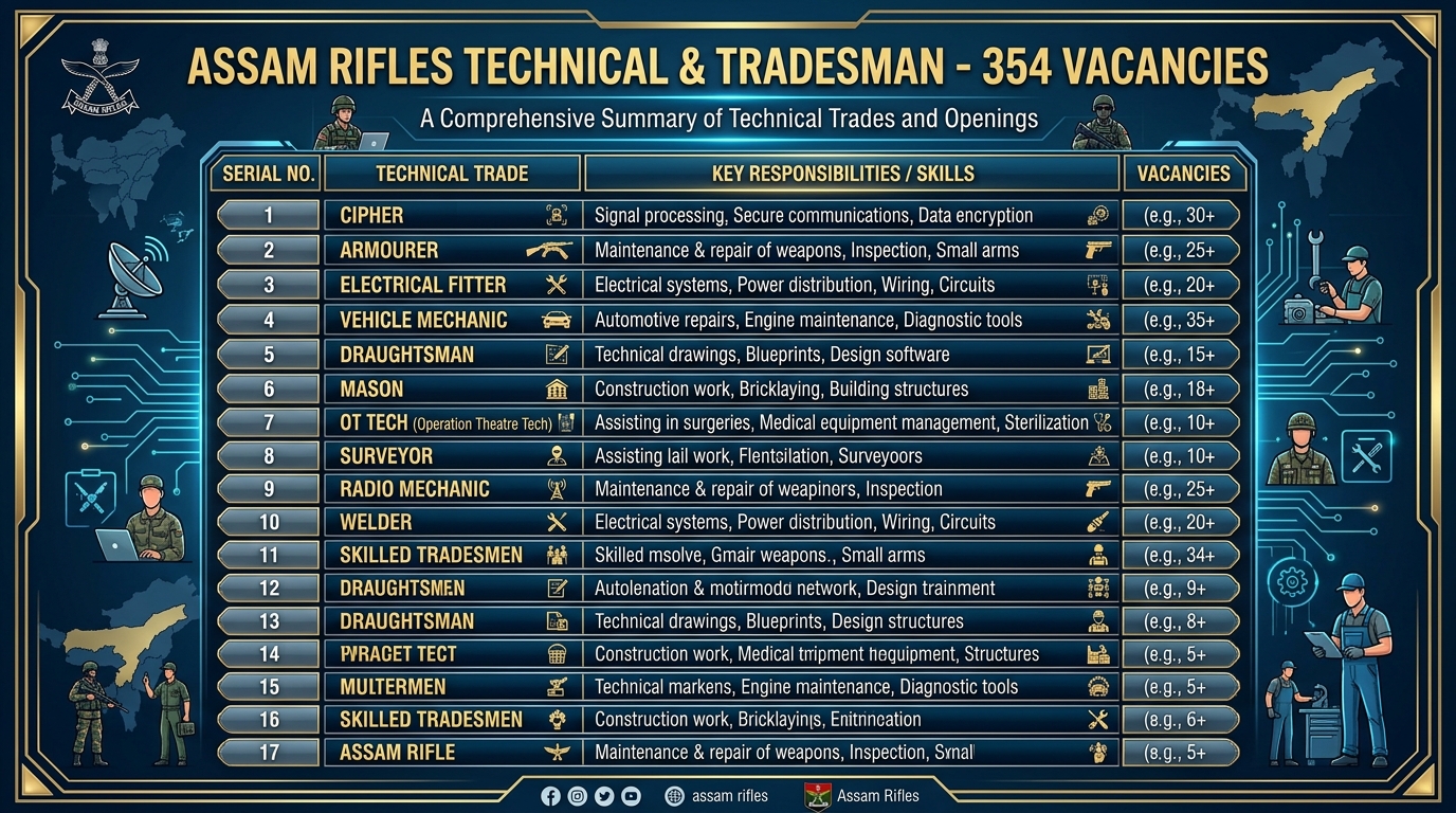 Assam Rifles Technical and Tradesman 354 vacancies across 17 technical trades breakdown