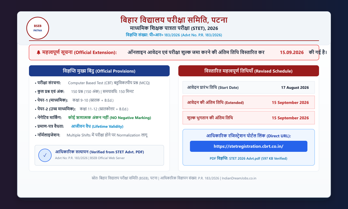 Bihar STET 2026 Official Notification Advt P.R. 183/2026 & Date Extension Notice Screenshot