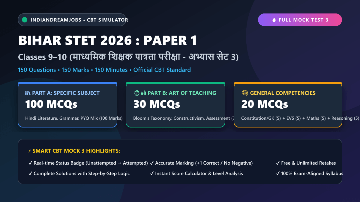 Bihar STET 2026 Paper 1 – Full Mock Test 3 (Hindi Subject: 150 MCQs)