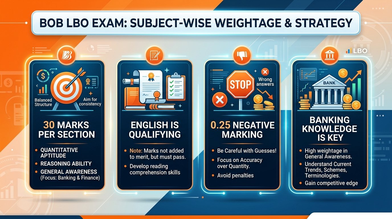 BOB LBO Subject-Wise Weightage Strategy & Marking Scheme Infographic Banner