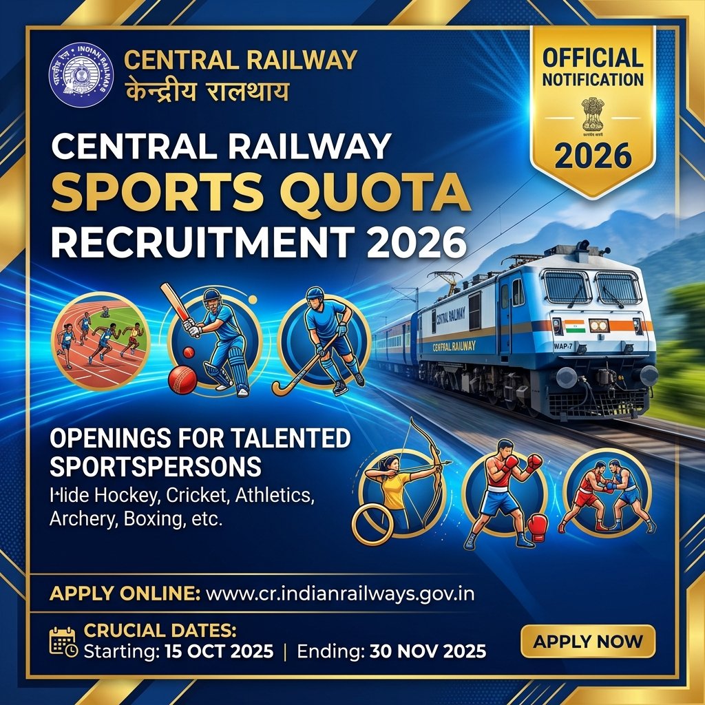 Central Railway Sports Quota Recruitment 2026 Out for 59 Group C & D Vacancies