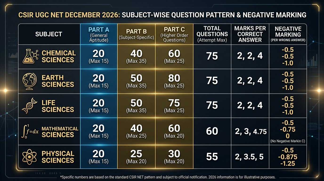 CSIR UGC NET December 2026 Subject Wise Question Pattern and Negative Marking Scheme