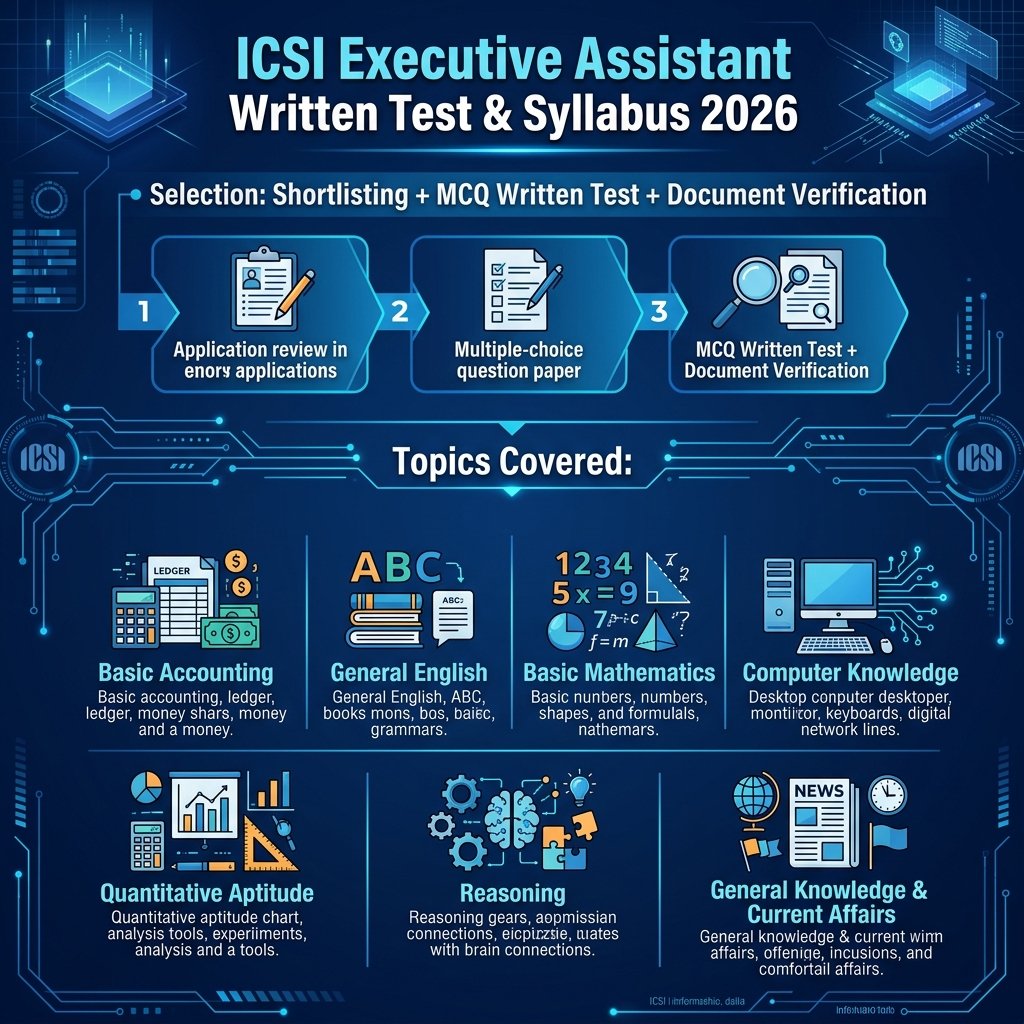 ICSI Executive Assistant Written Test Pattern and MCQ Topics Infographic 2026