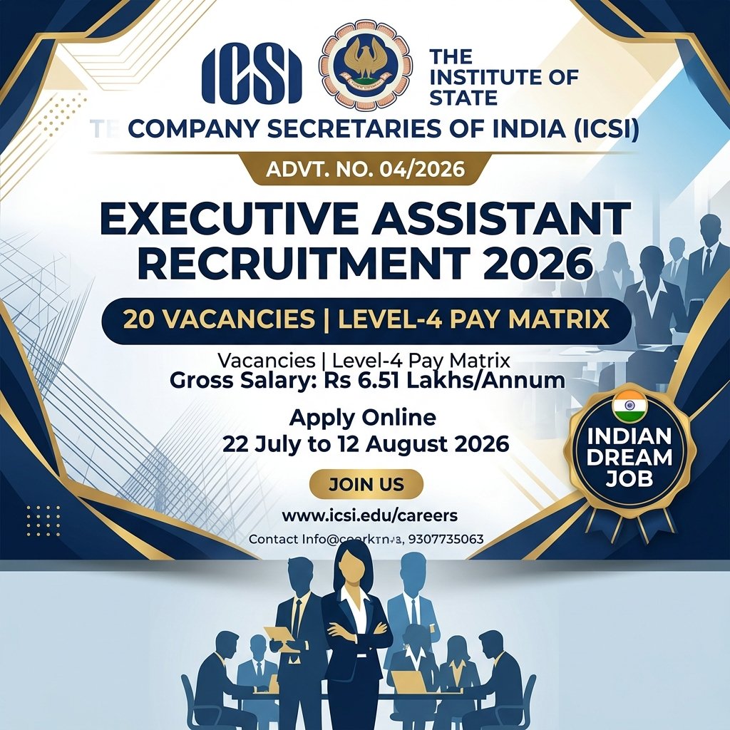 ICSI Executive Assistant Recruitment 2026 Out: 20 Posts, Gross Salary ₹6.51 Lakhs/Annum – Apply Online Before 12 August