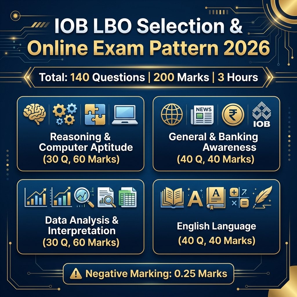 IOB LBO Online Examination Structure and Marks Breakdown Infographic 2026