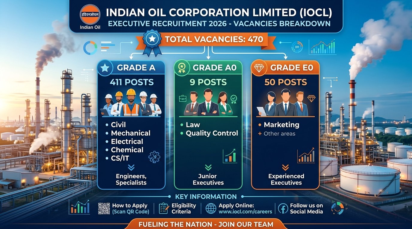 IOCL Executive 2026 470 Vacancies Breakdown Grade A Grade A0 Grade E0