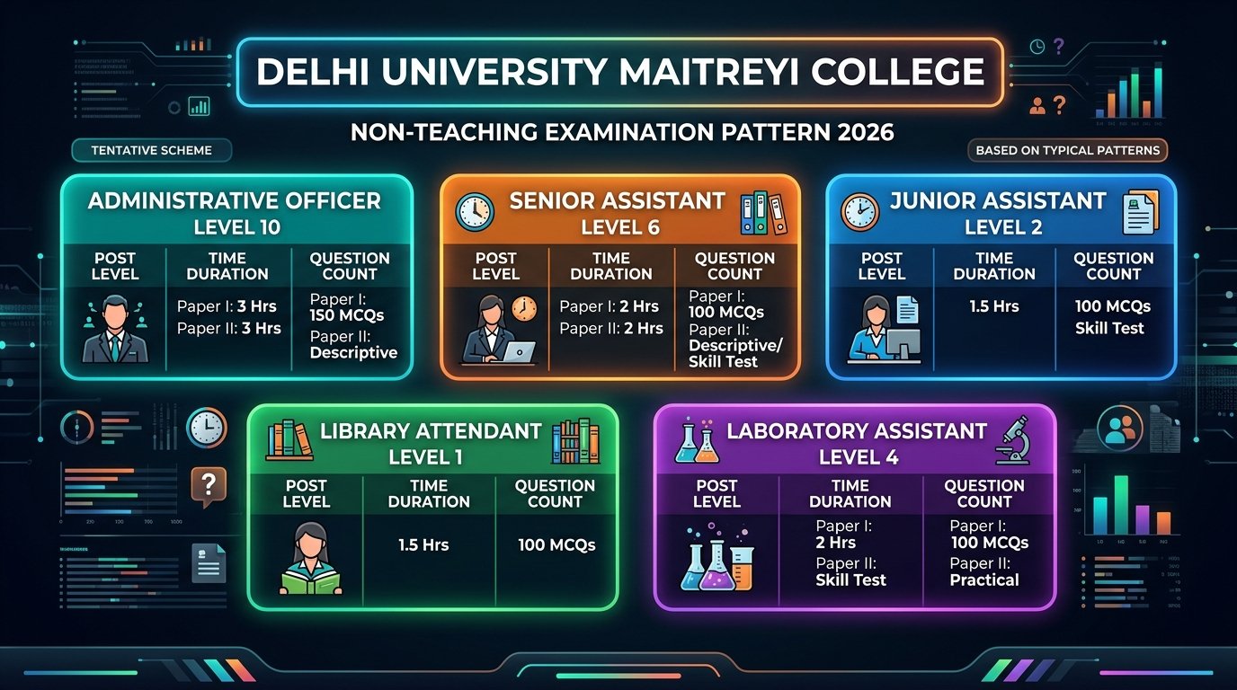 Maitreyi College DU Exam Pattern 2026 Post Wise Stage Comparison Infographic