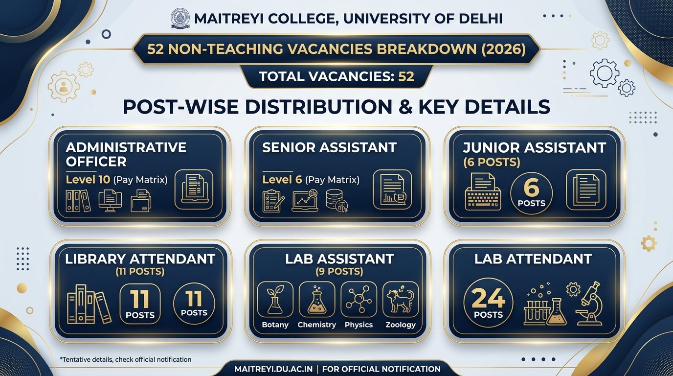 Maitreyi College DU 52 Non-Teaching Vacancies Post-Wise Breakdown Infographic