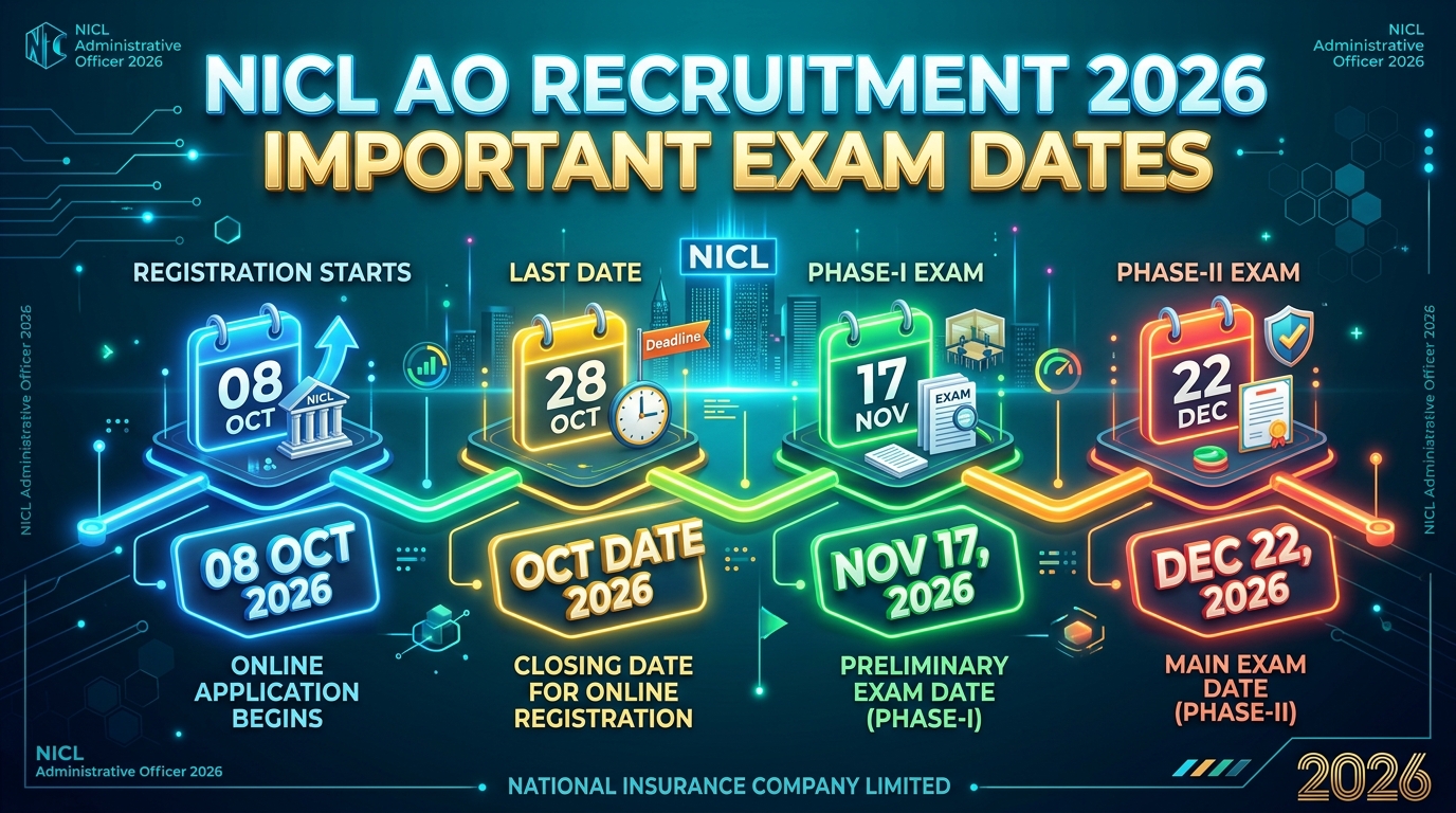 NICL AO 2026 Important Exam Dates Timeline Graphic