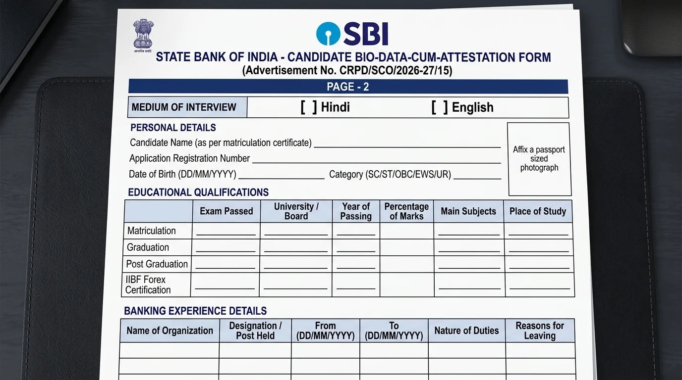 Official SBI Biodata Form Page 2 showing Interview Language Choice and Qualification Fields