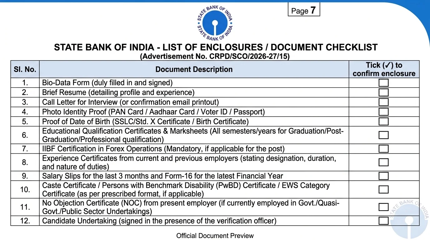 Official SBI Biodata Form Page 7 List of Enclosures Document Checklist