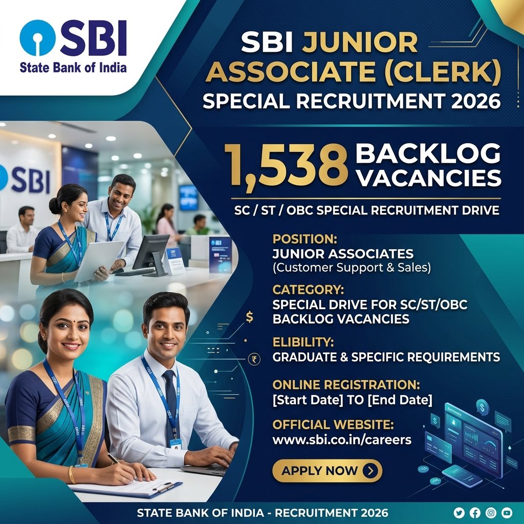 SBI Clerk Special Recruitment 2026 Out for 1,538 Junior Associate Backlog Posts – Apply Online, Eligibility & Exam Date