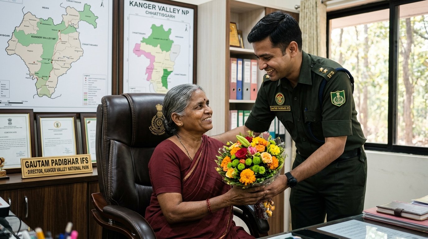 Gautam Padibhar IFS sharing emotional moment with mother Sakhubai Padibhar in office