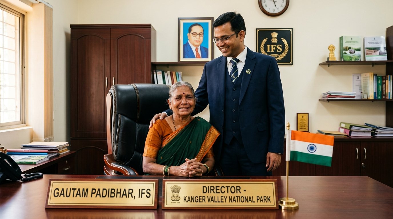 Gautam Padibhar IFS with his mother Sakhubai Padibhar in his official office chair