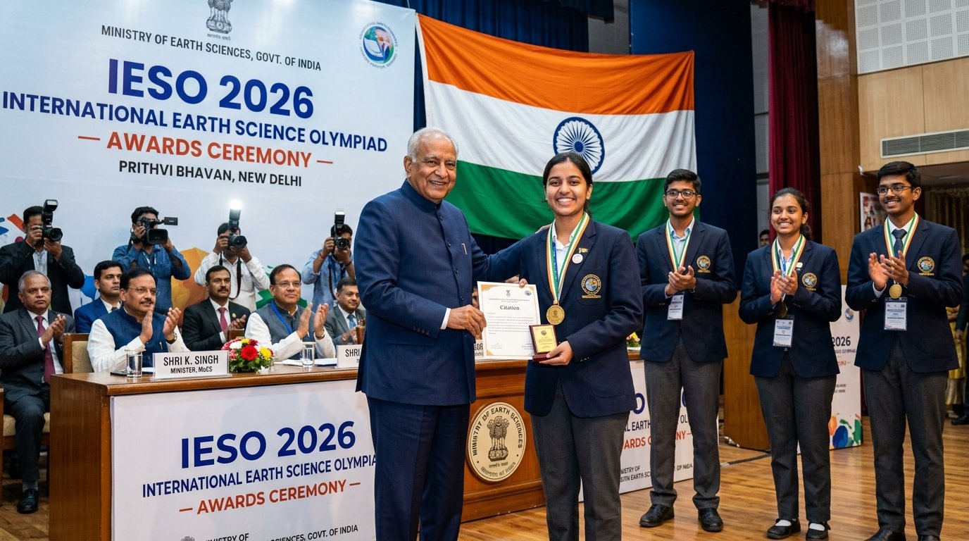 Dr Jitendra Singh felicitating IESO 2026 Indian Winner Students at Prithvi Bhavan