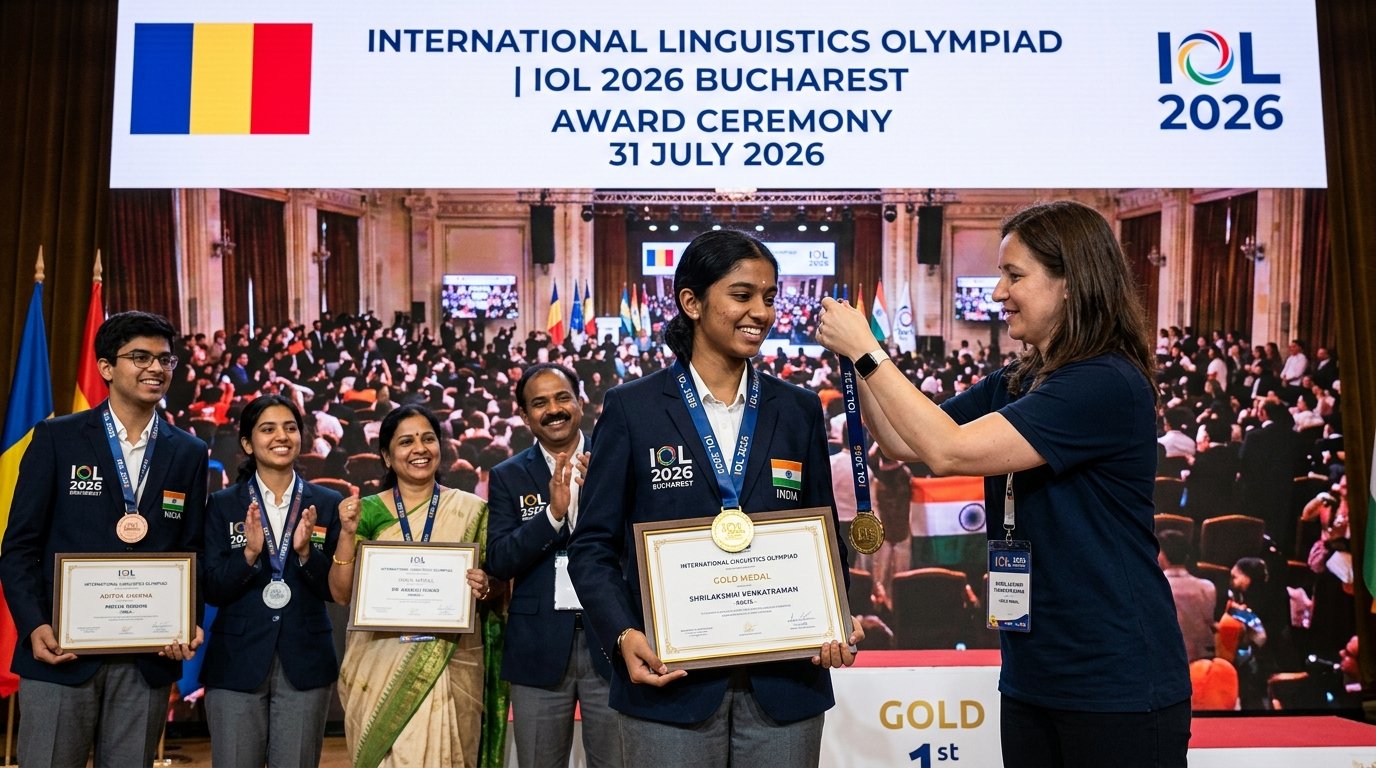 Shrilakshmi Venkatraman receiving Gold Medal at IOL 2026 Award Ceremony in Bucharest Romania
