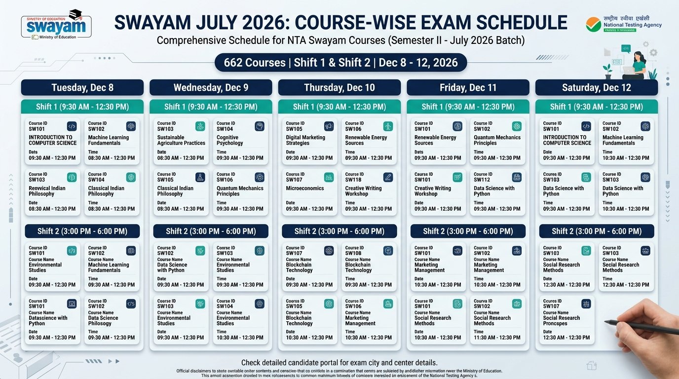 SWAYAM July Semester 2026 course-wise exam dates and shift information