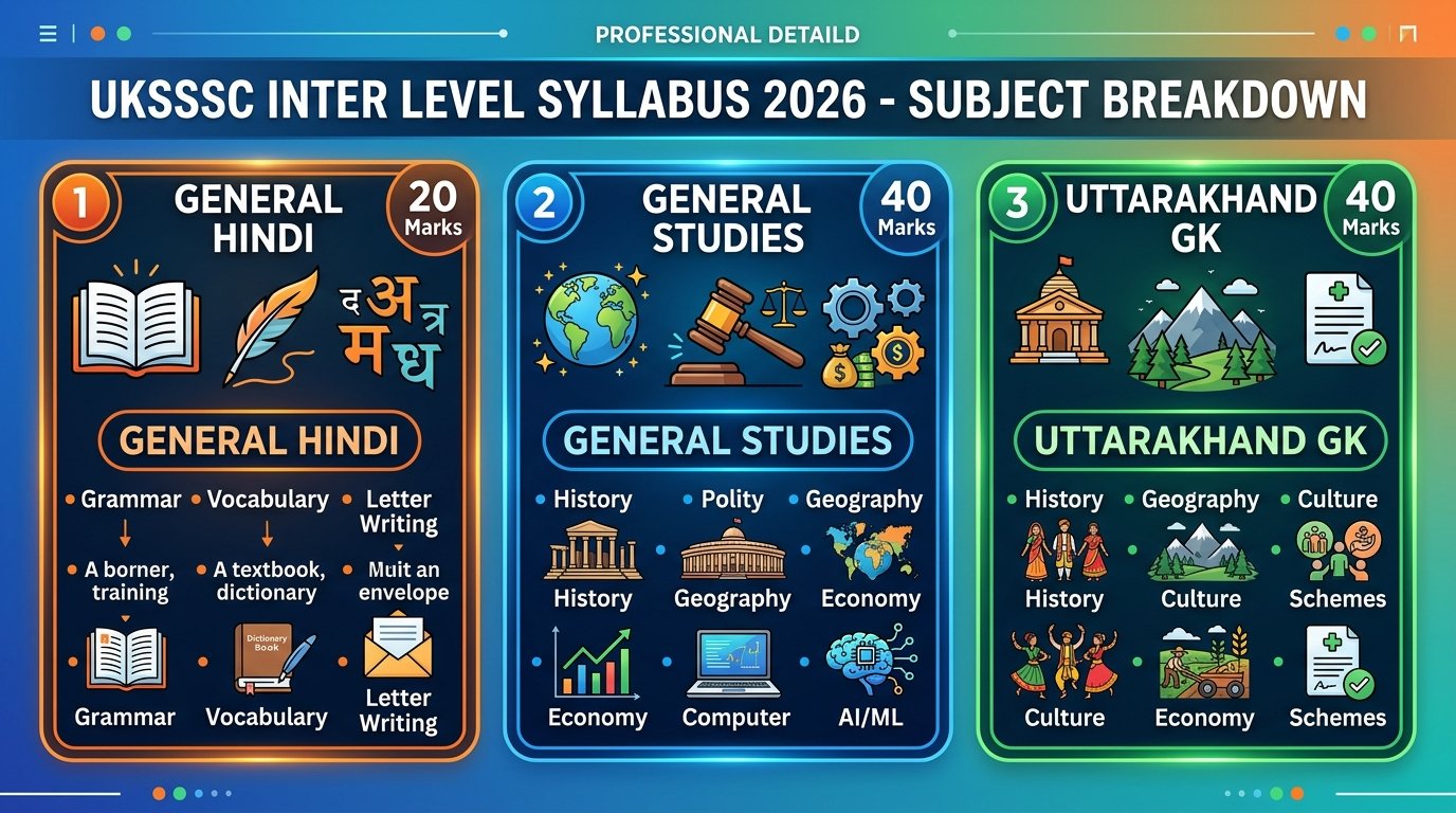 UKSSSC Inter Level Syllabus 2026 Subject Breakdown Infographic