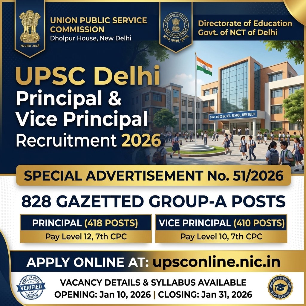 UPSC Delhi Principal & Vice Principal Recruitment 2026 Out for 828 Group-A Posts – Apply Online, Eligibility & Exam Date