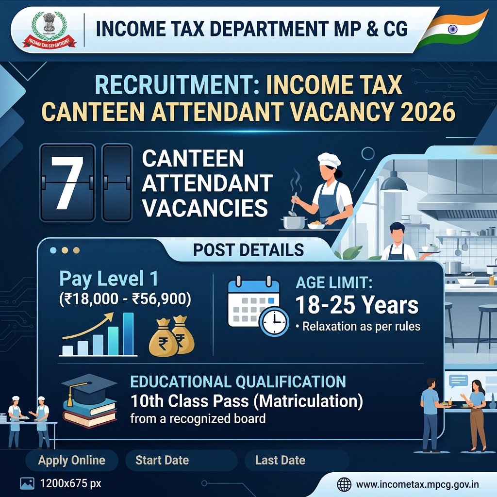 Income Tax Canteen Attendant Vacancy 2026 7 Posts