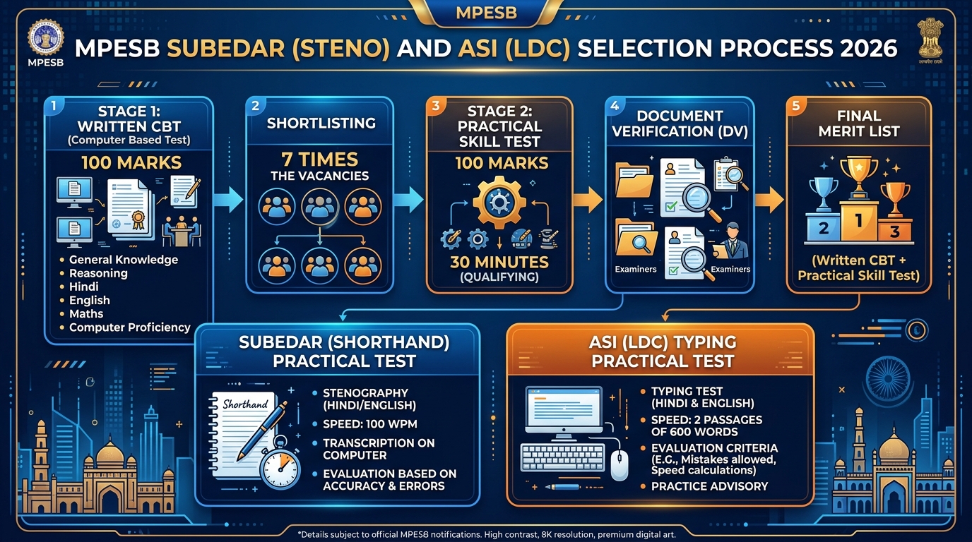 MPESB Selection Process and Practical Test Comparison MPESB Subedar Steno & ASI Selection Process & Practical Skill Test Infographic