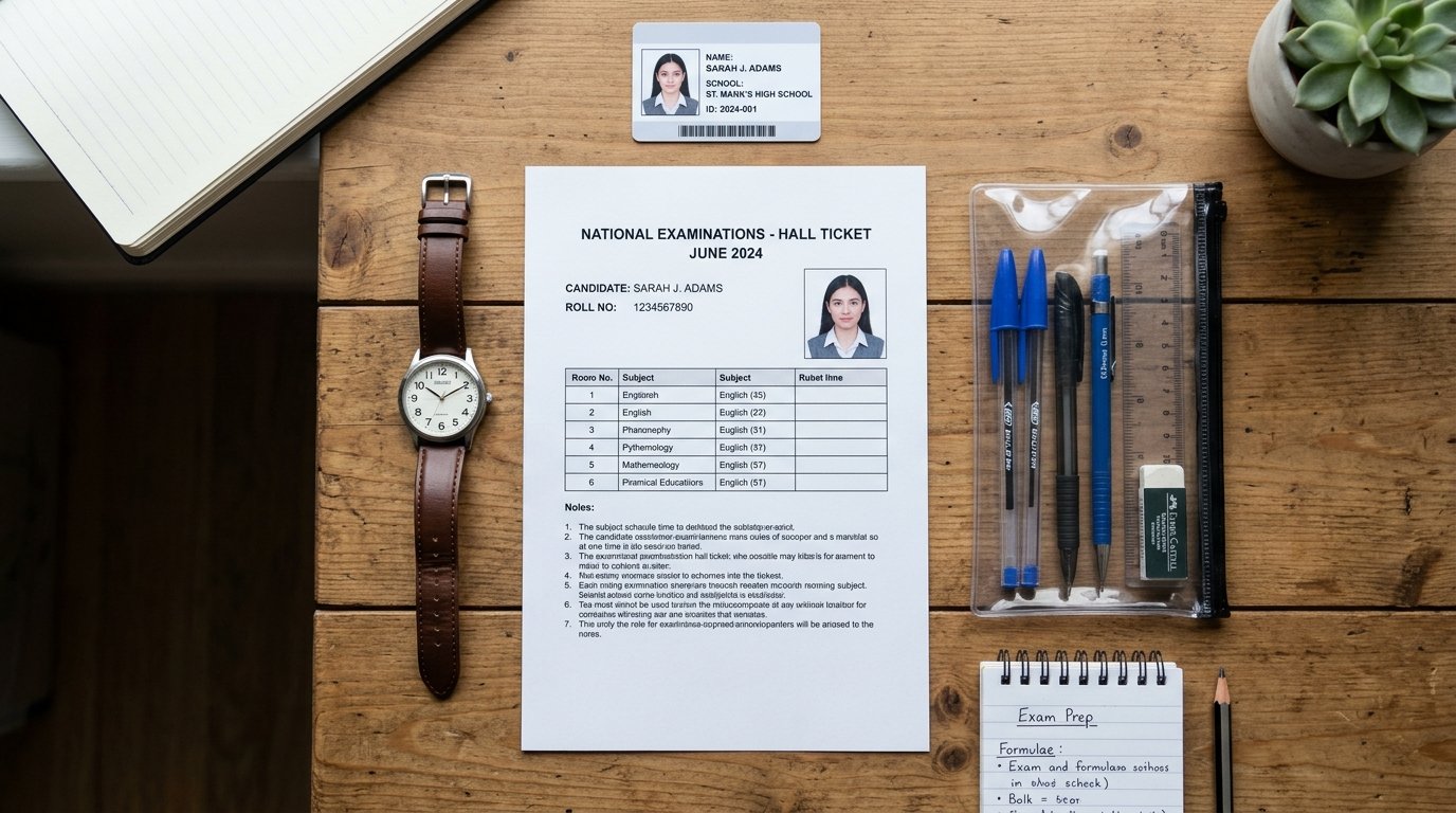 Exam day preparation checklist for JNVST entrance examination showing printed hall ticket and stationery