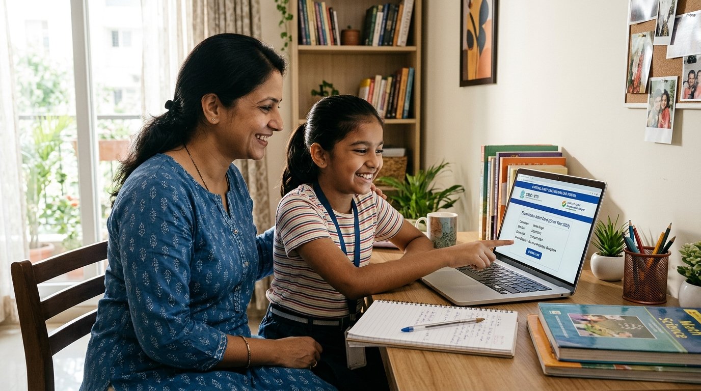 Parent and student checking Navodaya Class 6 admit card download portal on laptop
