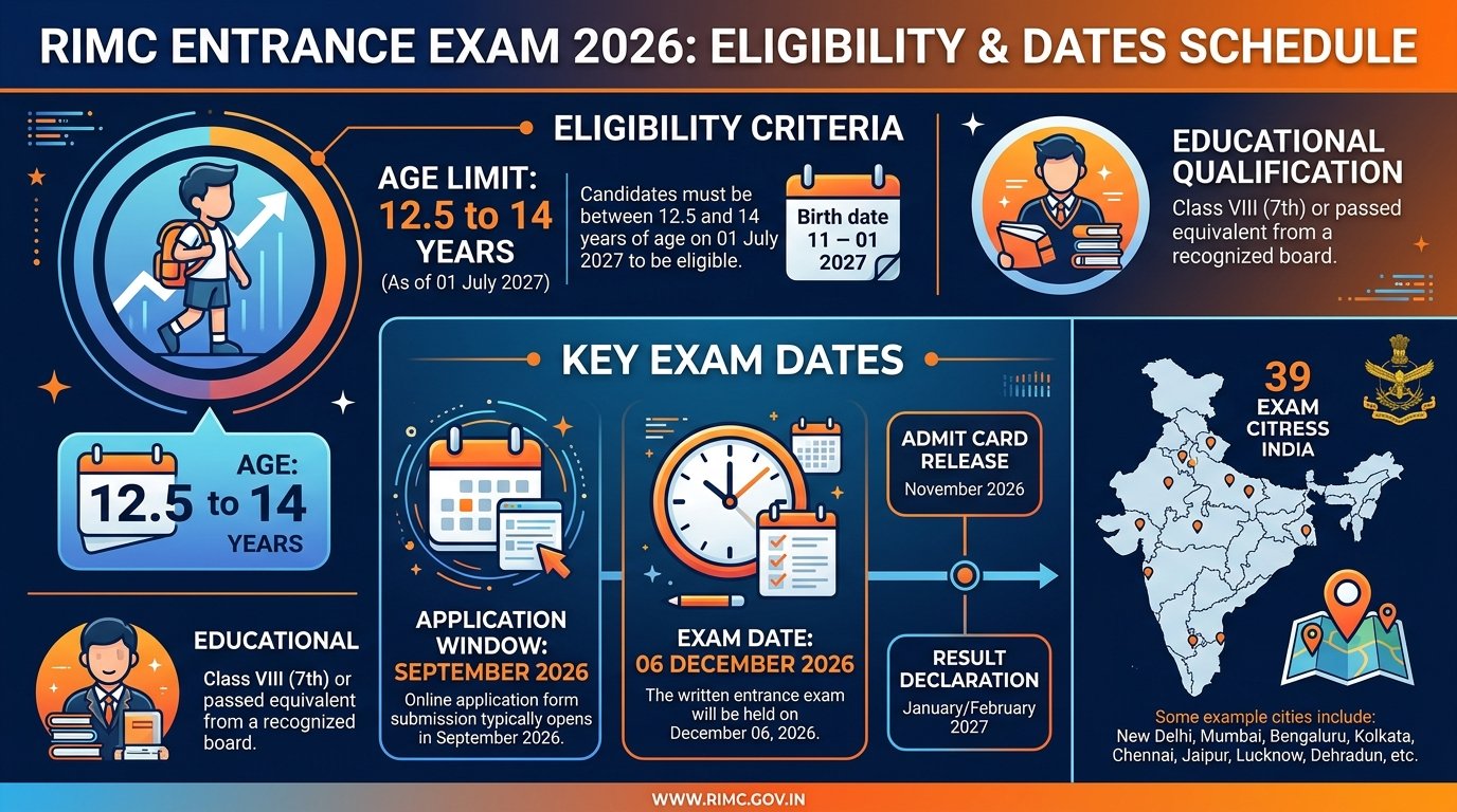 RIMC Entrance Exam 2026 eligibility criteria age limit 12.5 to 14 years and dates schedule