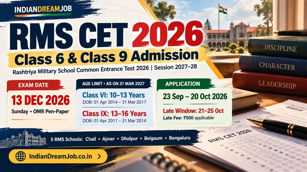 RMS CET 2026: Rashtriya Military School Admission for Class 6 & 9, Application Form, Eligibility, Exam Date & Fee