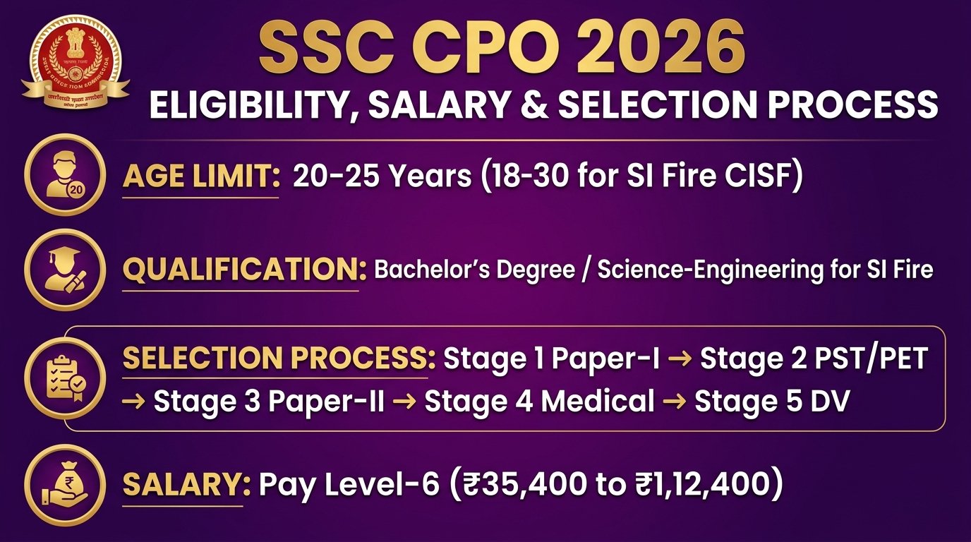 SSC CPO Selection Process, Eligibility and Level-6 Salary Graphic Poster