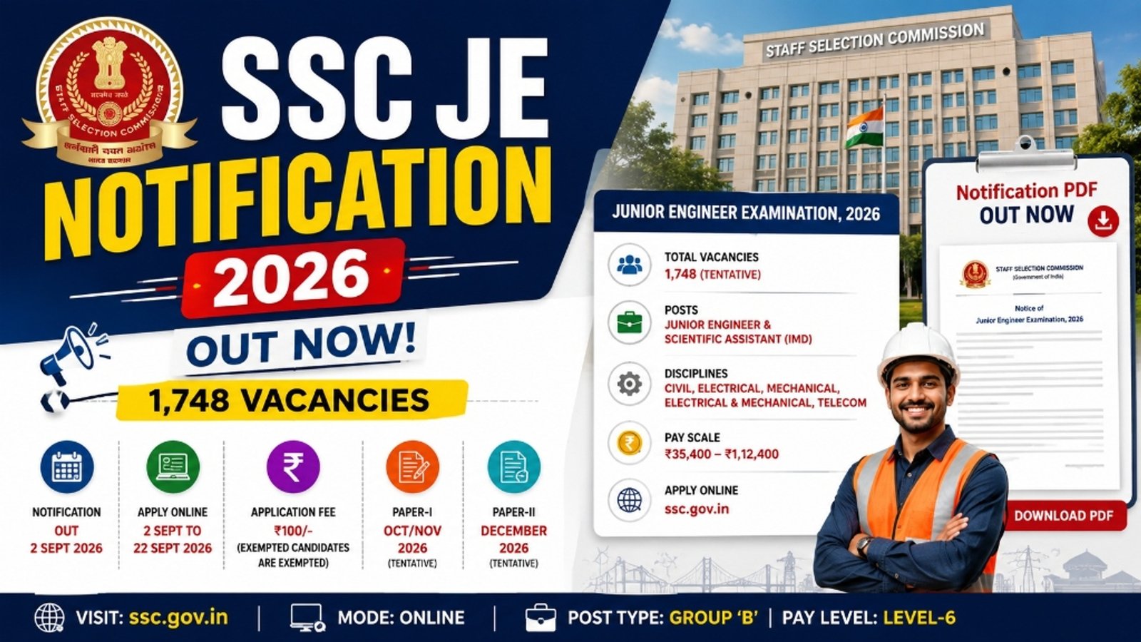 SSC JE Notification 2026 Out for 1,748 Junior Engineer Vacancies Official Hero Poster