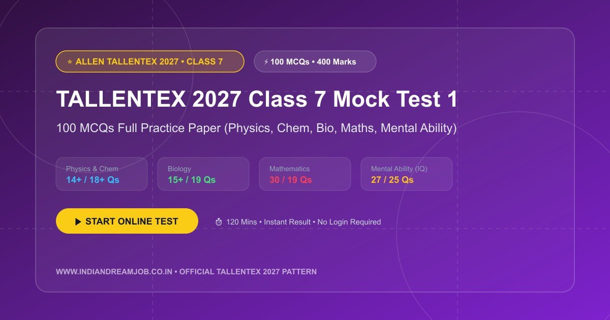 TALLENTEX 2027 Class 7 Mock Test 1 (100 MCQs Full-Length CBT Practice Paper)