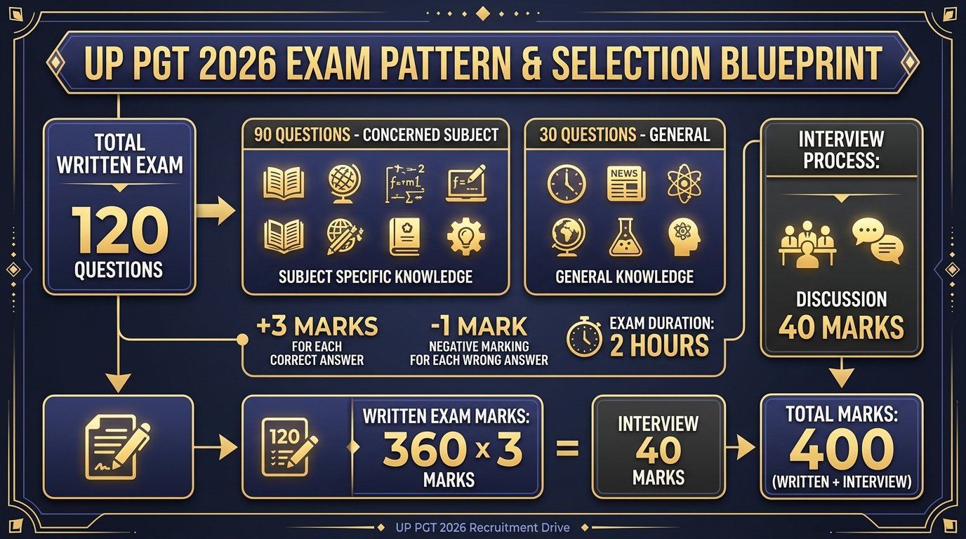 UP PGT 2026 Exam Pattern Blueprint 120 MCQs 360 Marks Written 40 Interview