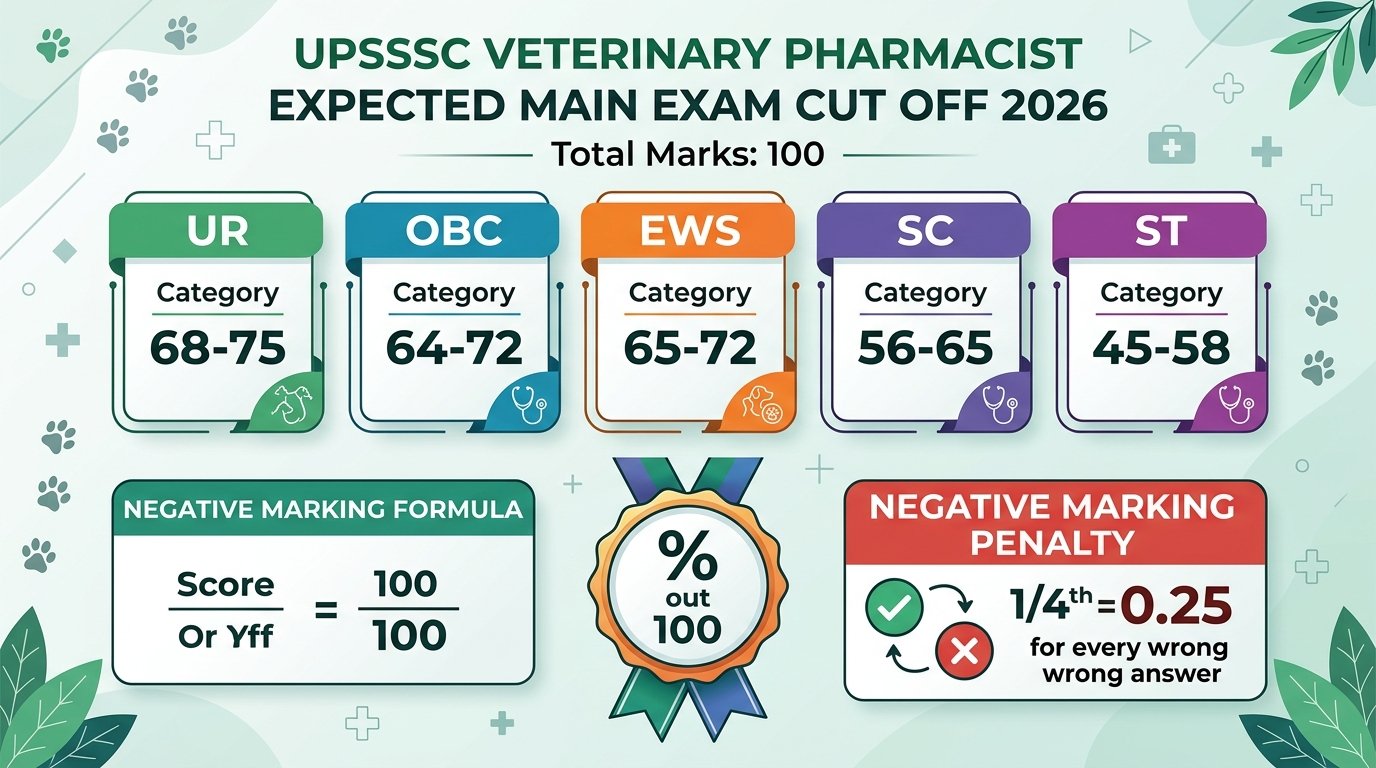 UPSSSC Veterinary Pharmacist Expected Main Exam Cut Off 2026 Category Wise breakdown out of 100 marks